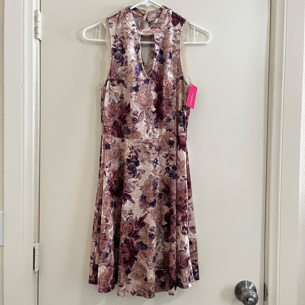 Xhilaration Velour Floral Mini Dress M Burgundy Mock Neck Keyhole Y2K Whimsigoth